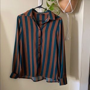 Brown & Green Striped Button Down Blouse